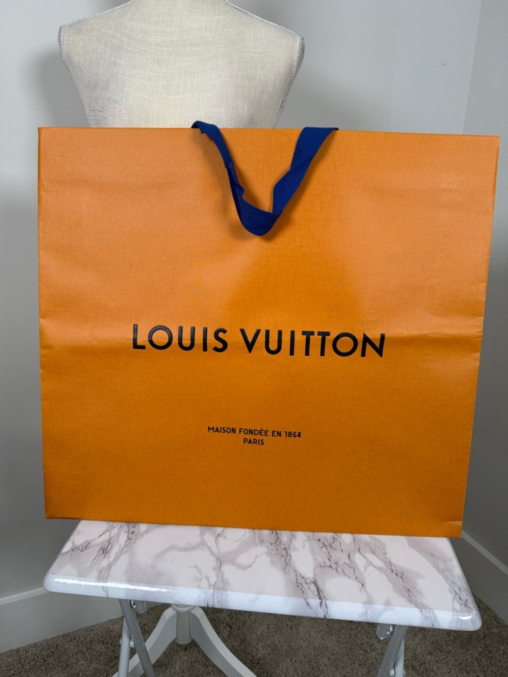 Authentic Louis Vuitton Orange Gift Bag with Navy Ribbon Handles